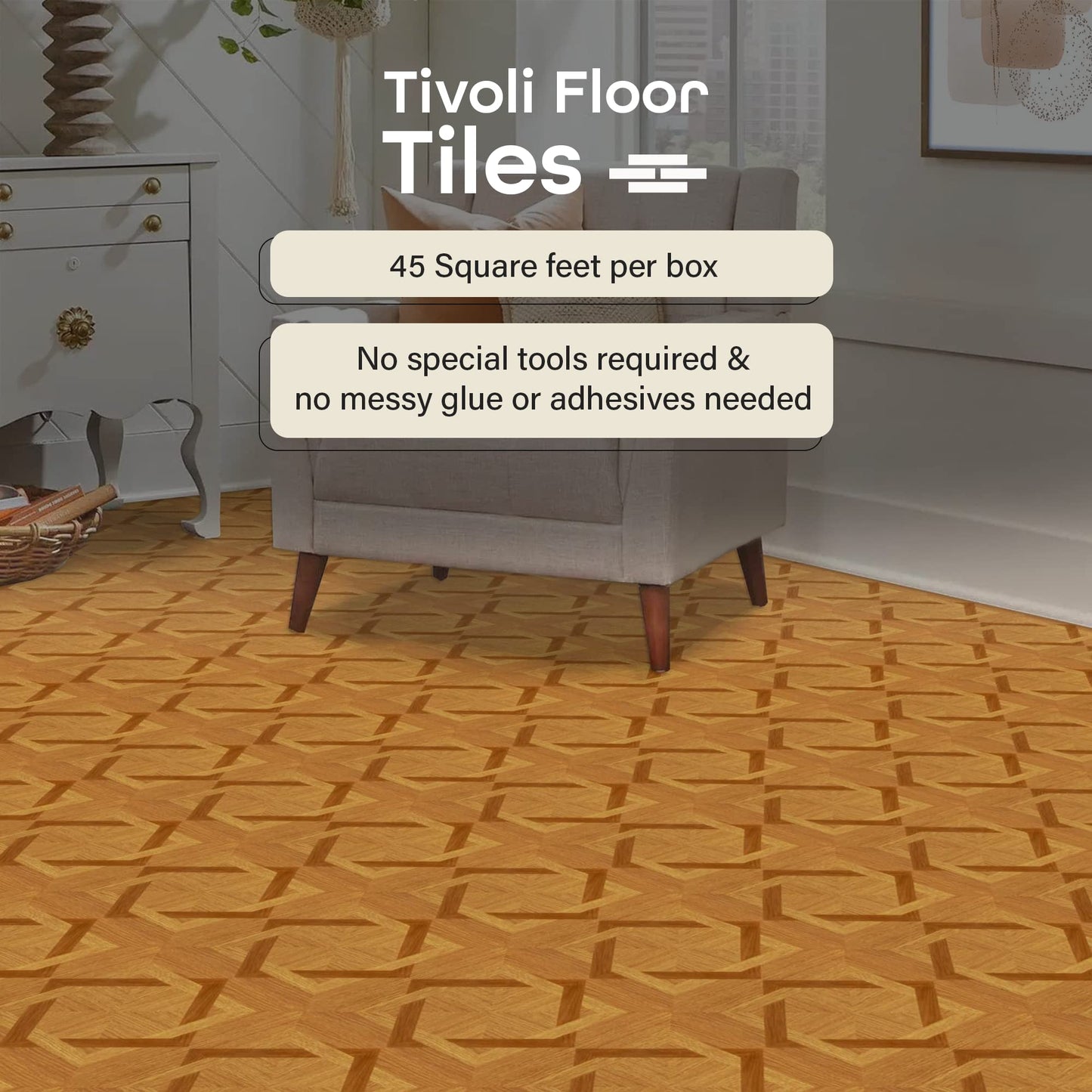 Tivoli Self Adhesive Vinyl Floor Tiles, 45 Tiles - 12" x 12", Medium Oak Plank-Look - Peel & Stick, DIY Flooring for Kitchen, Dining Room, Bedrooms, Basements & Bathrooms by Achim Home Decor